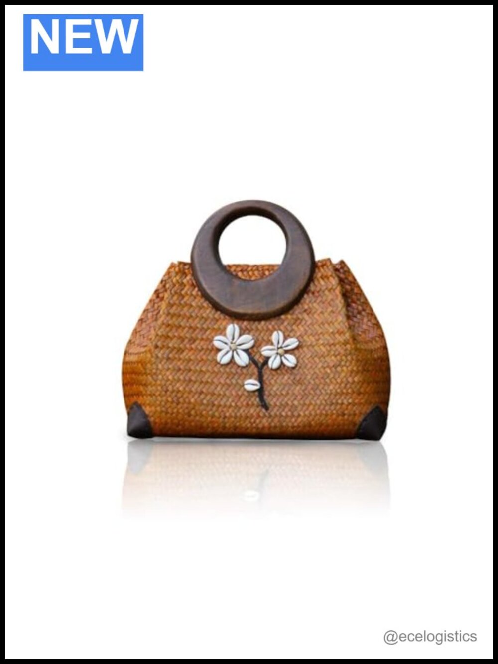 Handwoven Straw Tote Bag with Wooden Handle and Floral Accent - Summer Beach